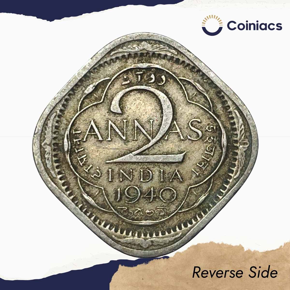 Scarce 2 Annas George VI King Emperor 1940 Calcutta Mint Cupro-Nickel Coin, British India Uniform Coinage, Collectible. - Image 3