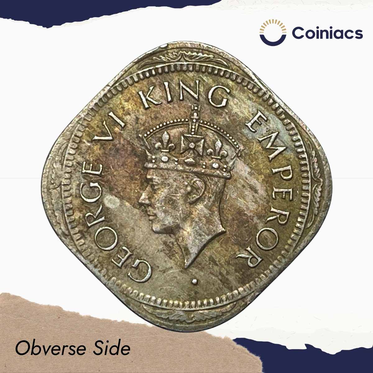 Scarce 2 Annas George VI King Emperor 1946 (Small '6') Calcutta Mint Cupro-Nickel Coin, British India Uniform Coinage, Collectible. - Image 2