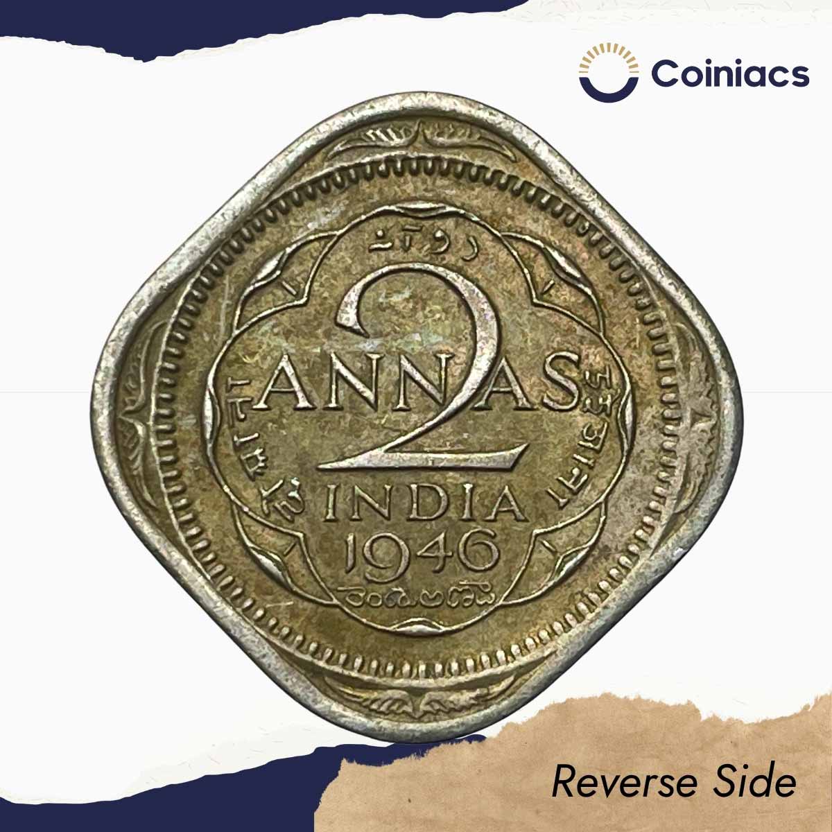 Scarce 2 Annas George VI King Emperor 1946 (Small '6') Calcutta Mint Cupro-Nickel Coin, British India Uniform Coinage, Collectible. - Image 3