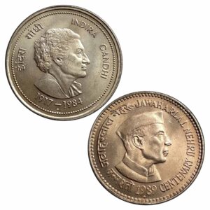 SET of 5 Rupees Commemorative Coins Indra Gandhi & Jawaharlal Nehru Cupro-nickel 2 Coins SET, Republic Indian Decimal Series, UNC.
