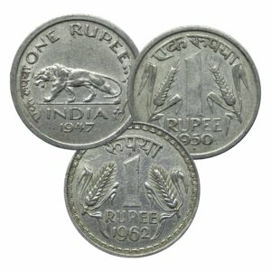 Scarce SET of 3 One Rupee Copper-Nickel Coins of Indian History (One Rupee 1947, 1950, 1962), British India & Republic India Coinage, Collectible.