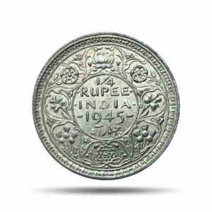 Scarce 1/4 Rupee George VI 1945 CE Large '5' Bombay Mint Silver Old Coin, British India Uniform Coinage, UNC.