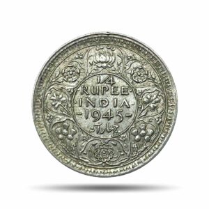 Scarce 1/4 Rupee George VI 1945 CE Large '5' Bombay Mint Silver Old Coin, British India Uniform Coinage, XF+.