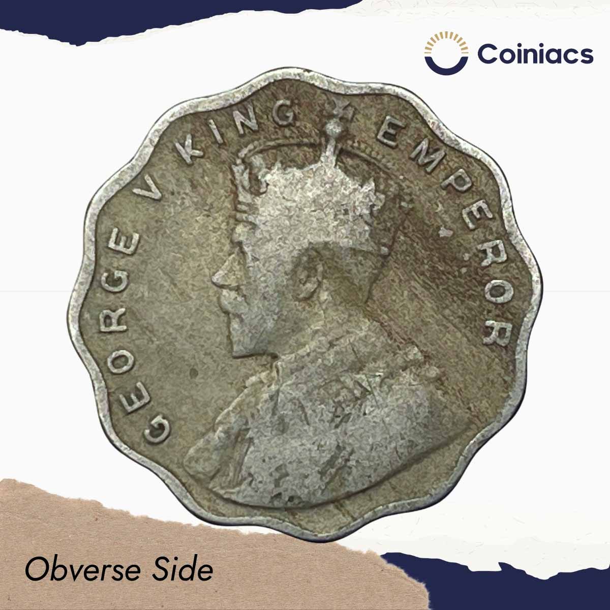 1 Anna George V King Emperor 1913 Bombay Mint Cupro-Nickel Coin, British India Uniform Coinage, Collectible. - Image 2