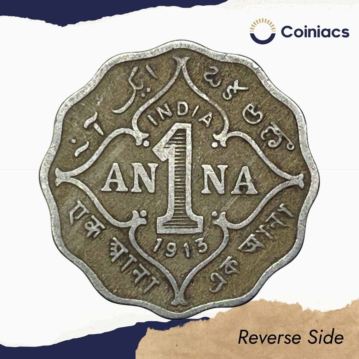 1 Anna George V King Emperor 1913 Bombay Mint Cupro-Nickel Coin, British India Uniform Coinage, Collectible. - Image 3