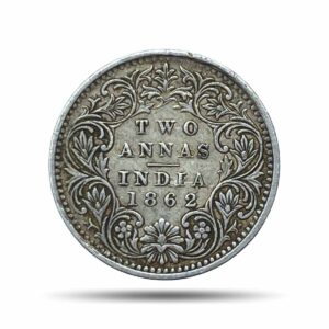 Two Annas Victoria Queen 1862 Silver Coin, British India Uniform Coinage, XF.