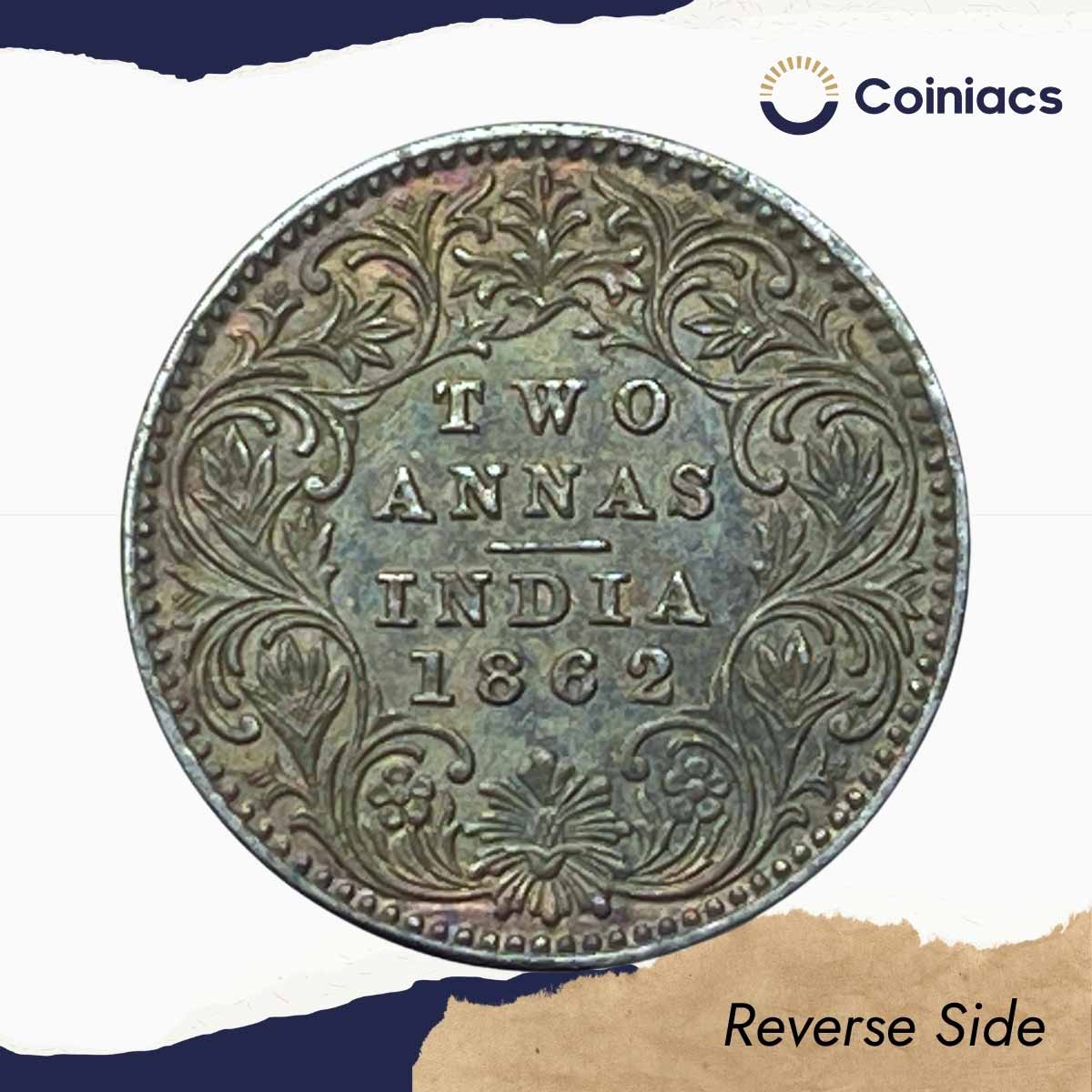 Two Annas Victoria Queen 1862 Silver Coin, British India Uniform Coinage, UNC. - Image 3