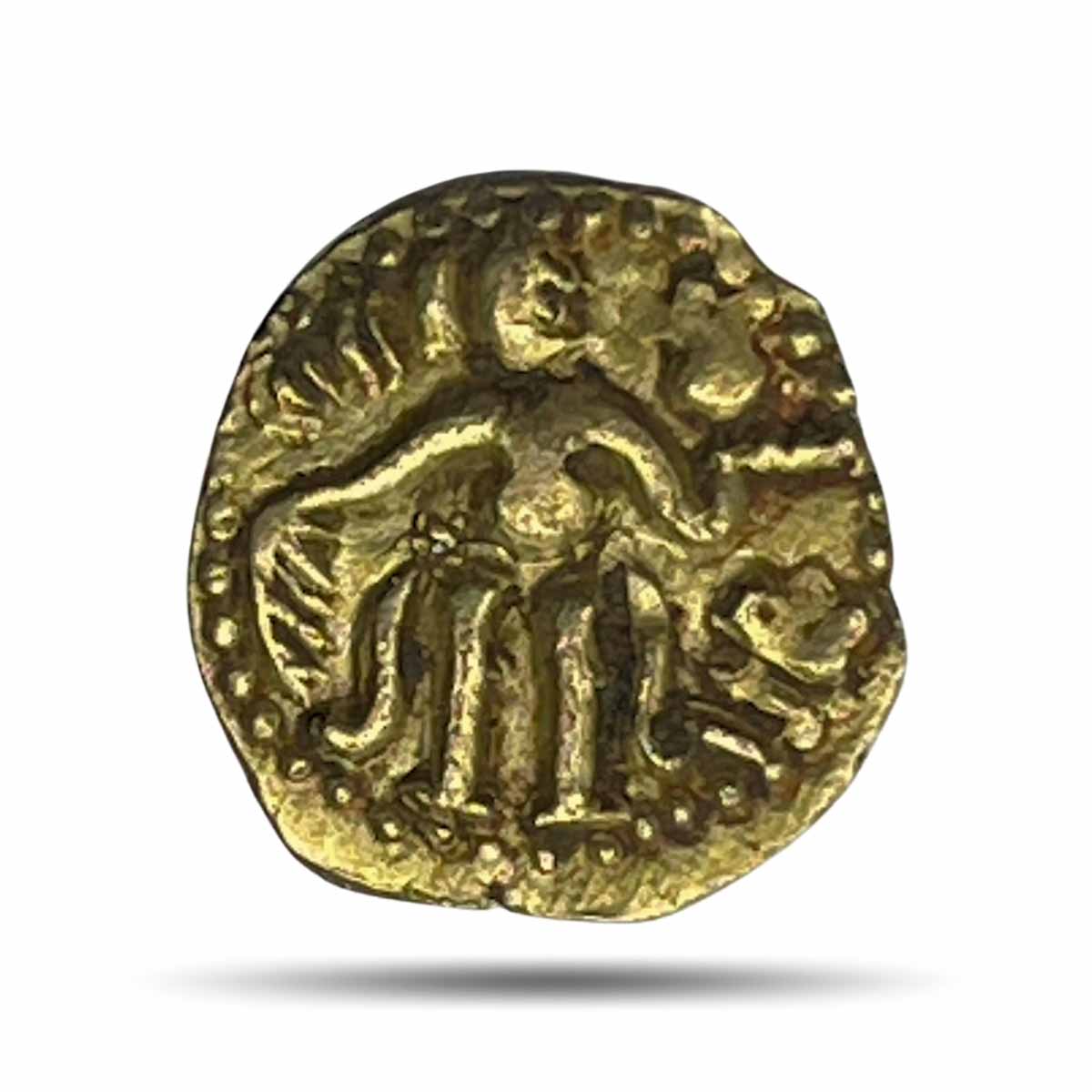 Rare Chola, anonymous coinage (970-1070 AD), Gold 1/8 kahavanu, 0.52g. (Chola style standing man design. Conch shell and 'Anka or Dak' in Devanagari), XF.
