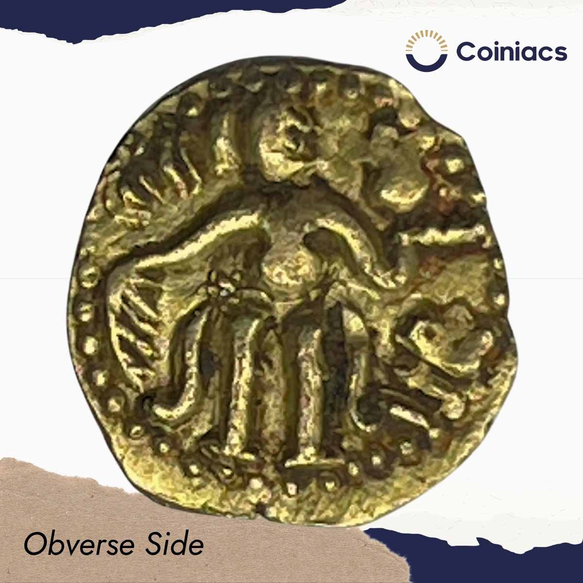 Rare Chola, anonymous coinage (970-1070 AD), Gold 1/8 kahavanu, 0.52g. (Chola style standing man design. Conch shell and 'Anka or Dak' in Devanagari), XF. - Image 2