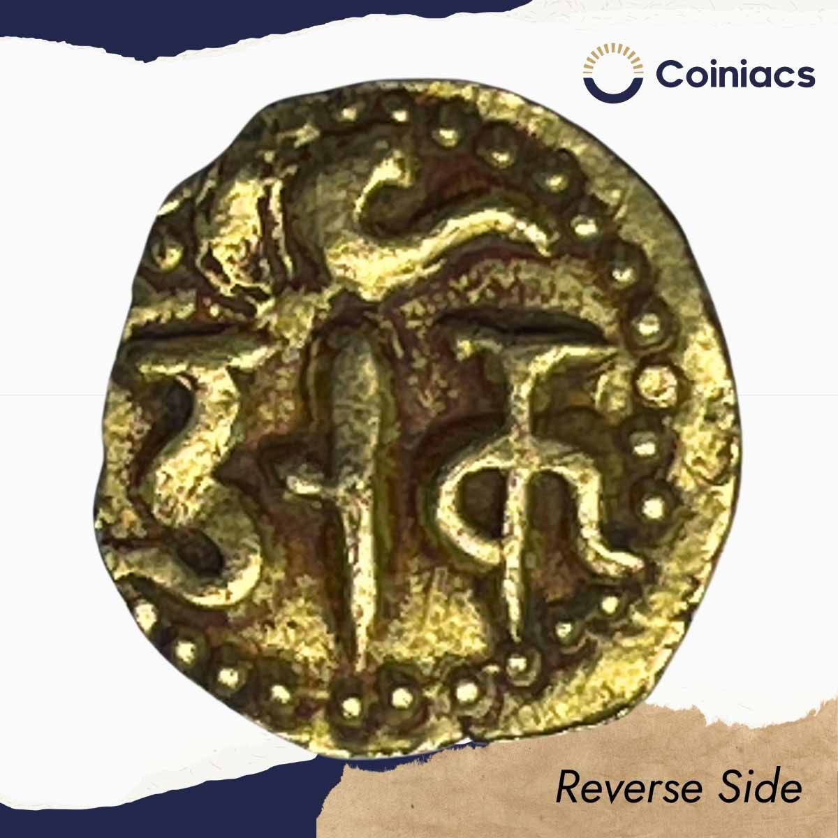 Rare Chola, anonymous coinage (970-1070 AD), Gold 1/8 kahavanu, 0.52g. (Chola style standing man design. Conch shell and 'Anka or Dak' in Devanagari), XF. - Image 3