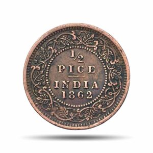 1/2 Pice Victoria Queen 1862 Calcutta Mint Copper Coin, British India Uniform Coinage, Collectible.