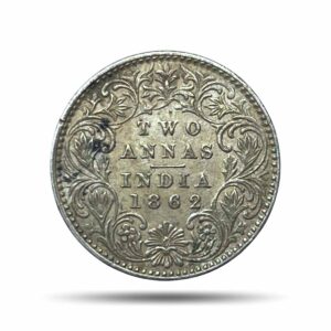 Two Annas Victoria Queen 1862 Silver Coin, British India Uniform Coinage, XF+.