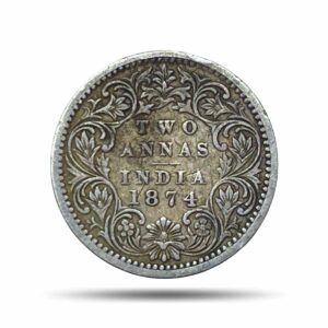 Two Annas Victoria Queen 1874 Calcutta Mint Silver Coin, British India Uniform Coinage, XF.