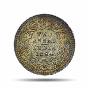 Scarce Two Annas Victoria Empress 1894 Calcutta Mint 'C' Incuse (Obv B, Rev II) Silver Coin, British India Uniform Coinage, Collectible.