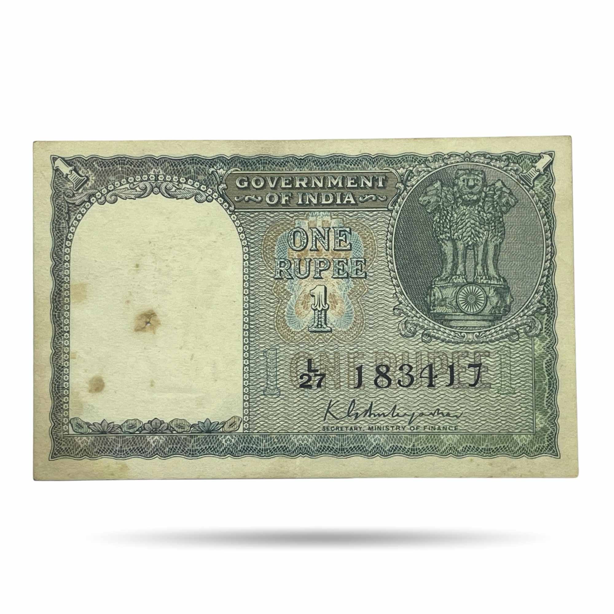 NOTAPHILY Scarce 1 Rupee 2nd Issue (1950-55) Governor K. G. Ambegaokar Plain Inset, L27 Prefix, Republic India Bank Note, (A2) XF. - Image 2