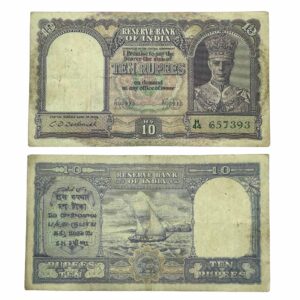 NOTAPHILY Rare 10 Rupees George VI Gov. C. D. Deshmukh H 44 Prefix, British India Bank Note, (BI-E12) Collectible.