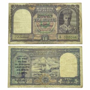 NOTAPHILY Rare 10 Rupees George VI Gov. C. D. Deshmukh K 15 Prefix, British India Bank Note, (BI-E12) Collectible.