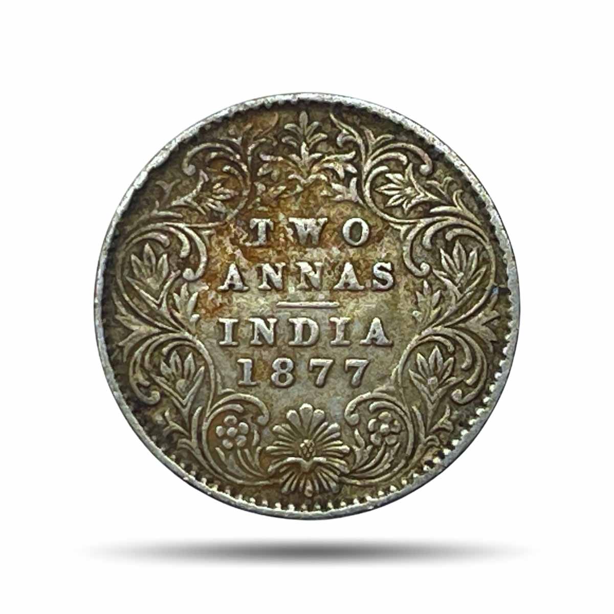 Two Annas Victoria Empress 1877 Calcutta Mint (Obv A, Rev I) Silver Coin, British India Uniform Coinage, Collectable.