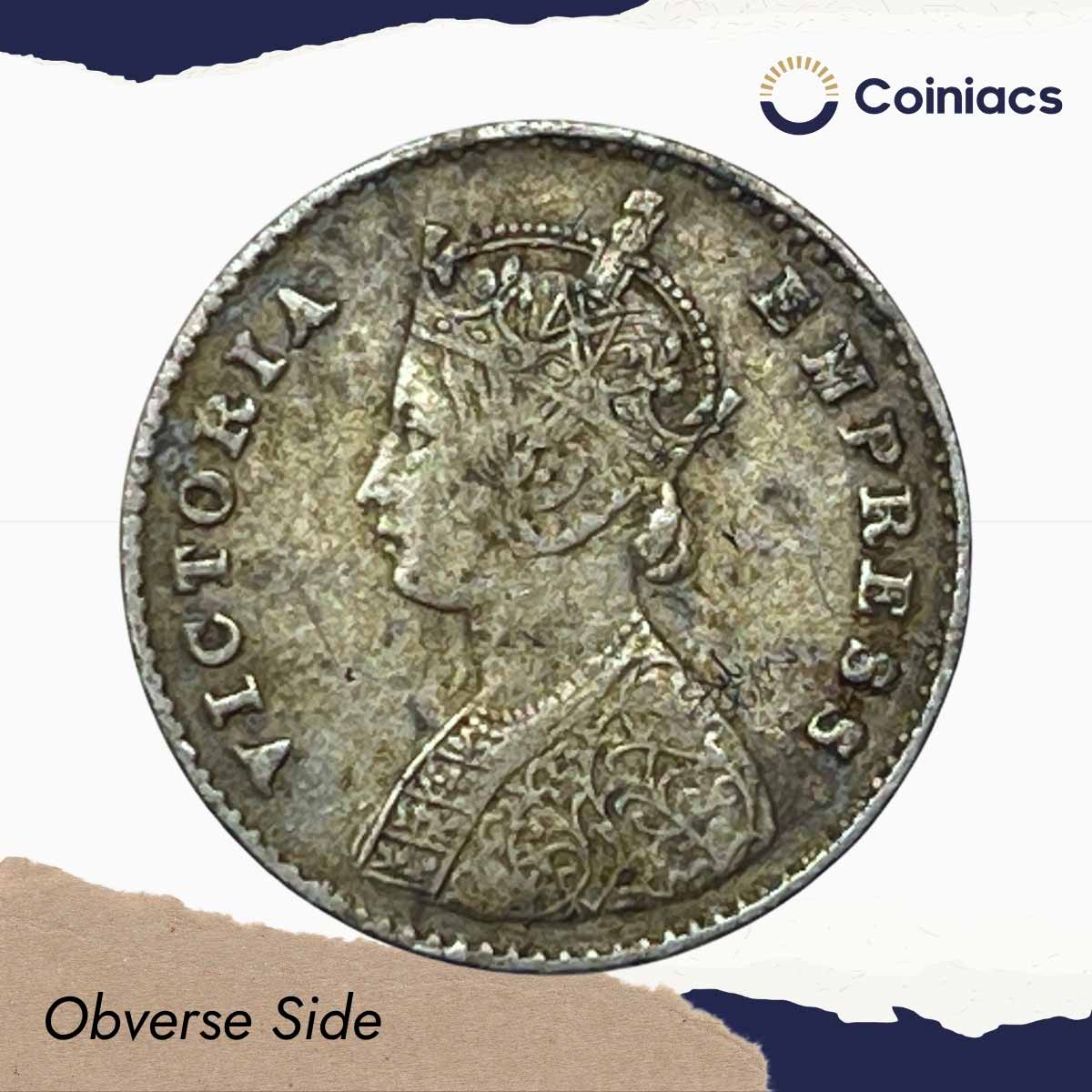 Two Annas Victoria Empress 1877 Calcutta Mint (Obv A, Rev I) Silver Coin, British India Uniform Coinage, Collectable. - Image 2