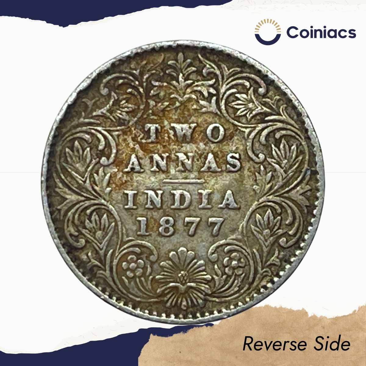 Two Annas Victoria Empress 1877 Calcutta Mint (Obv A, Rev I) Silver Coin, British India Uniform Coinage, Collectable. - Image 3