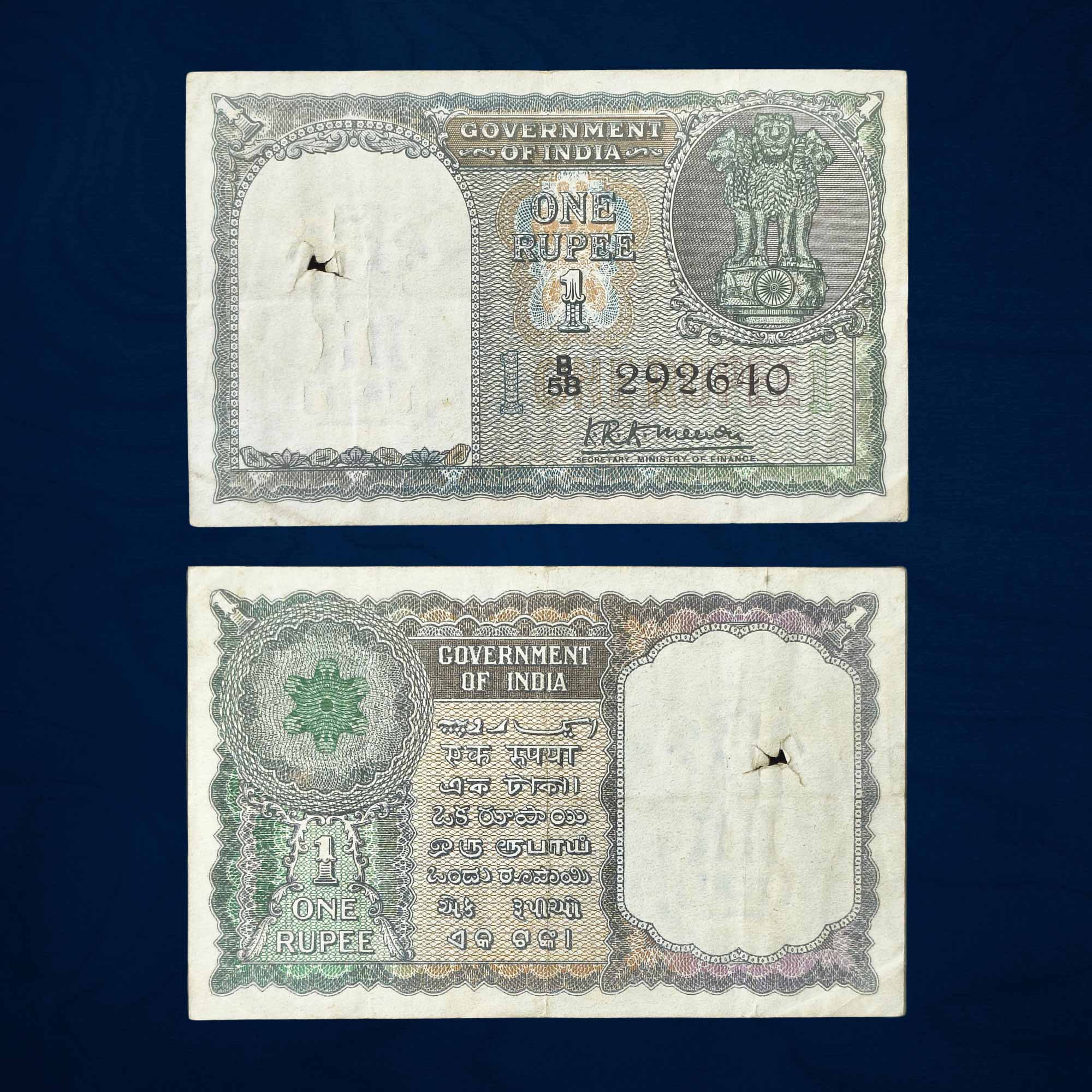 NOTAPHILY Rare 1 Rupee 1st Issue (1949-50) Finance Secretary K. R. K. Menon, Plain Inset, B 58 Prefix, Republic India Bank Note, (A1) (Thread Hole) XF.