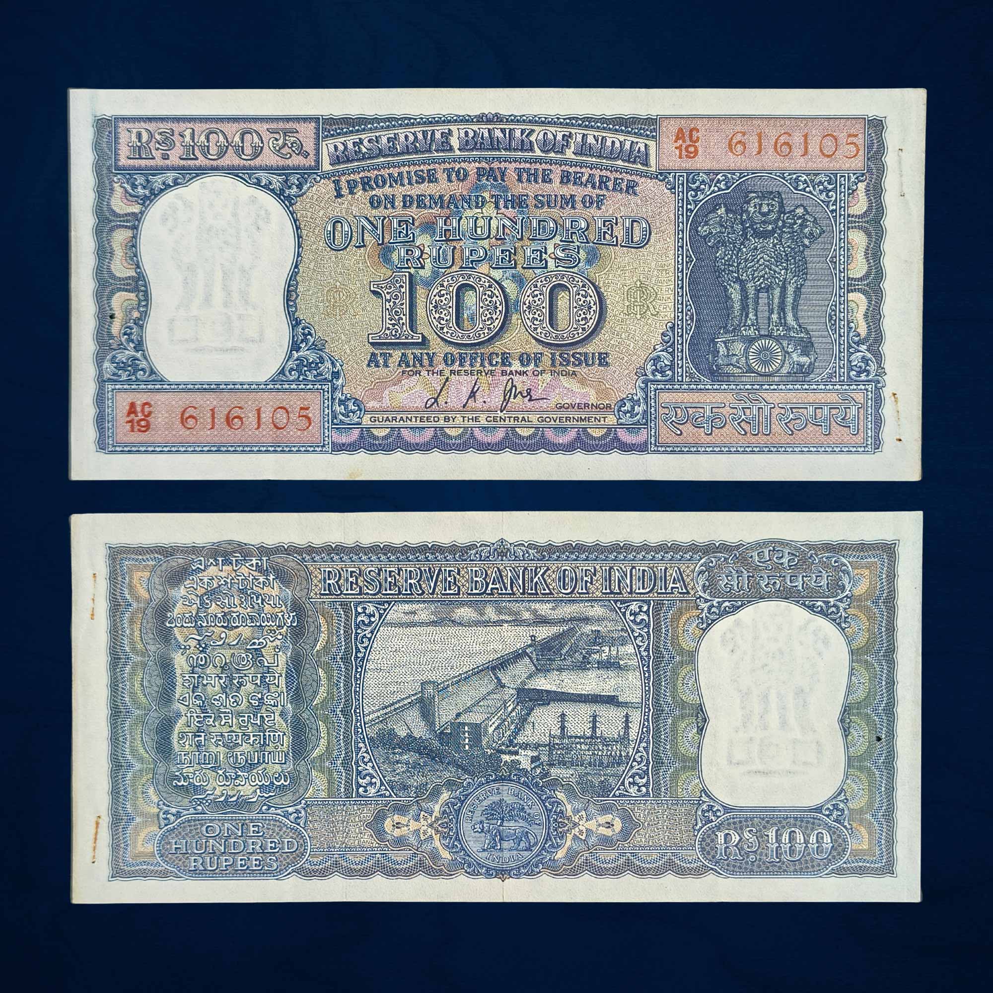 NOTAPHILY Rare 100 Rupees L. K. Jha Diamond Issue, AC 19 Prefix, Republic India Numismatics Note, (G9) (Multiple Staple Pin Holes) AUNC.