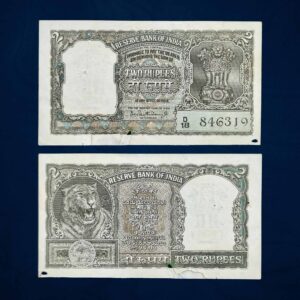 NOTAPHILY Scarce 2 Rupees (1965) Olive Green Half Tiger Governor P. C. Bhattacharya Plain Inset, D 18 Prefix, Republic India Bank Note, (B5) Fine (Multiple Holes and Repaired at the bottom.