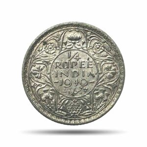 Scarce 1/4 Rupee George VI King Emperor (Head Type I, Young Head) 1940 CE Bombay Mint Silver Coin, British India Uniform Coinage, Collectible.