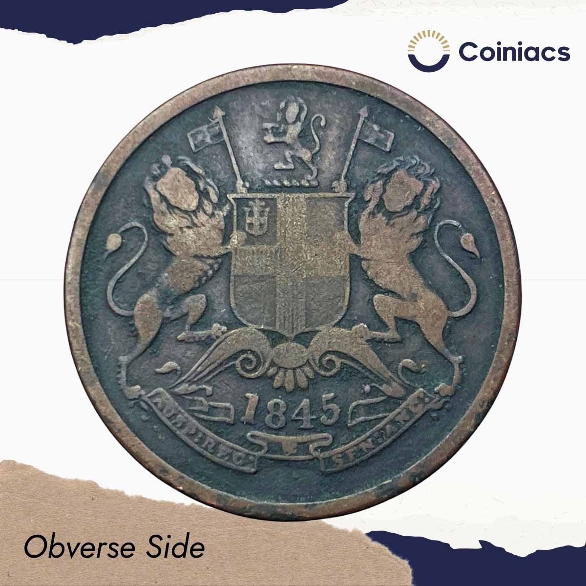 Half Anna East India Company 1845 CE (Key Date) Copper Coin, British India Uniform Coinage, Collectible. - Image 2