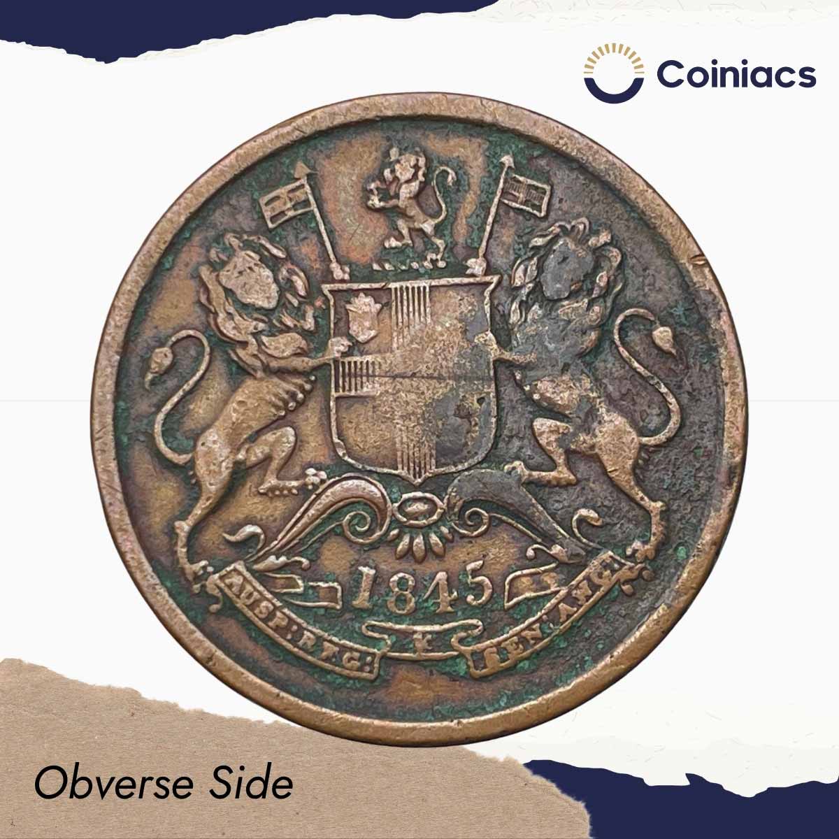 Half Anna East India Company 1845 CE (Key Date) Copper Coin, British India Uniform Coinage, Collectible. - Image 2