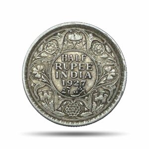Scarce Half Rupee George V King Emperor 1927 Calcutta Mint 5.8 gms Silver Coin, British India Uniform Coinage, Collectible.