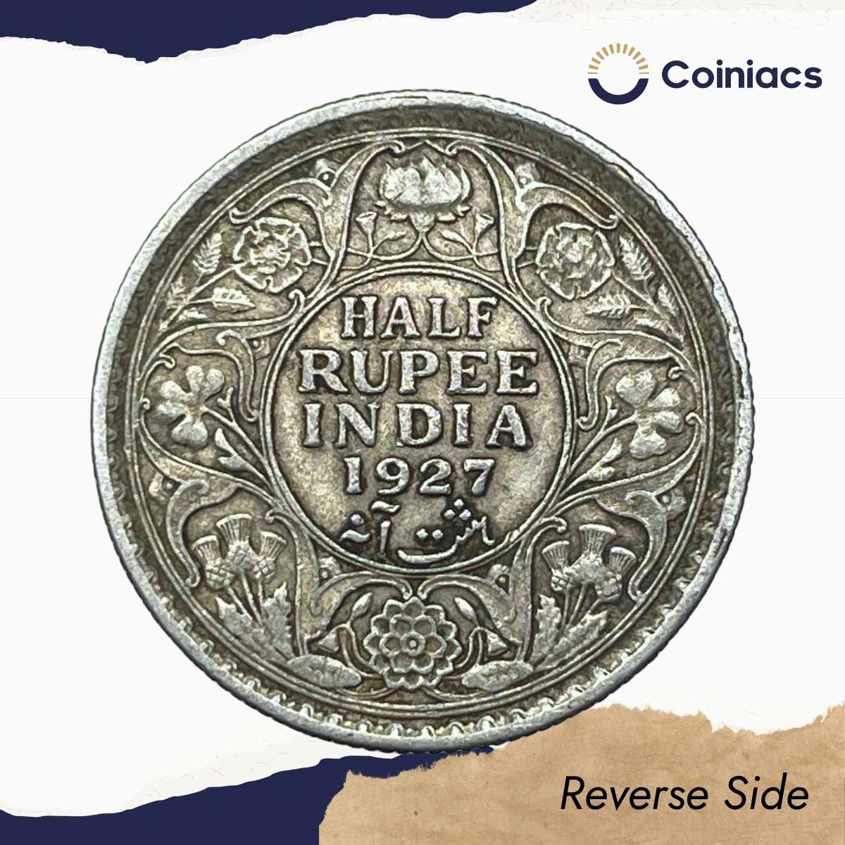 Scarce Half Rupee George V King Emperor 1927 Calcutta Mint 5.8 gms Silver Coin, British India Uniform Coinage, Collectible. - Image 3