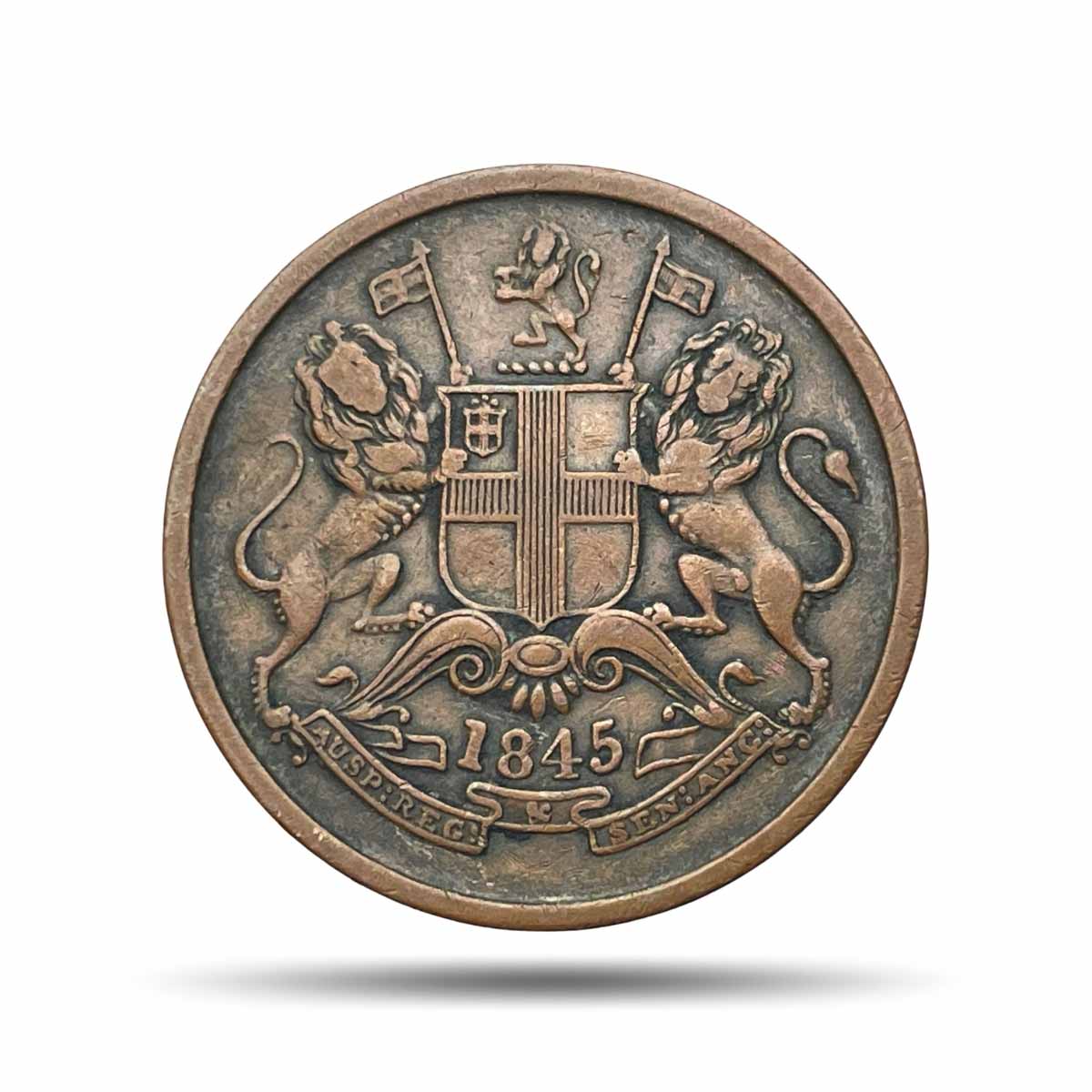 Half Anna East India Company 1845 CE (Key Date) Copper Coin, British India Uniform Coinage, XF.