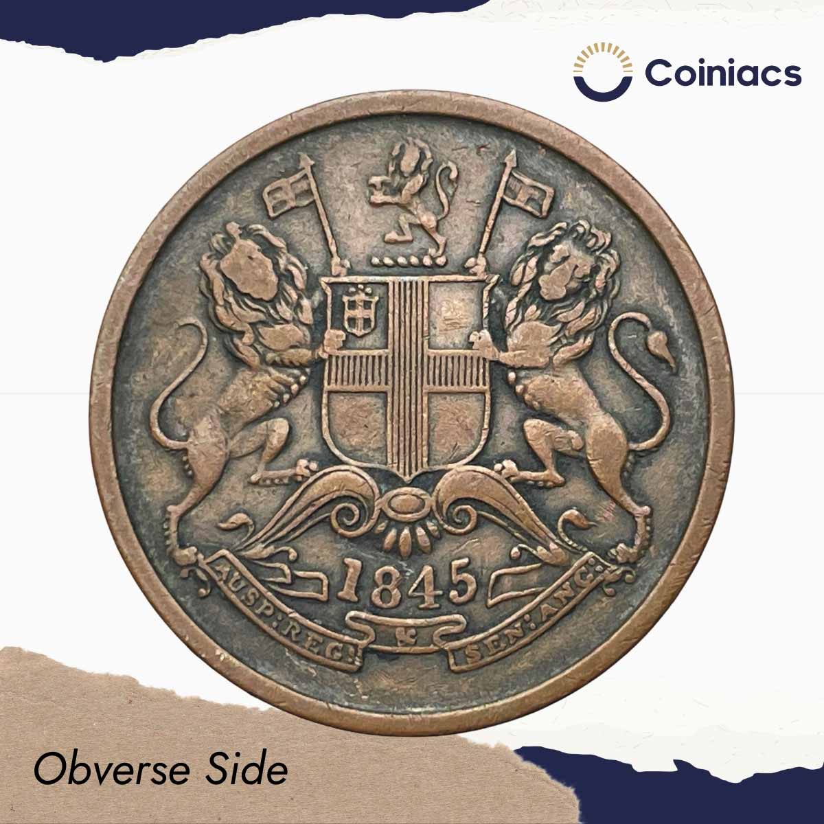 Half Anna East India Company 1845 CE (Key Date) Copper Coin, British India Uniform Coinage, XF. - Image 2