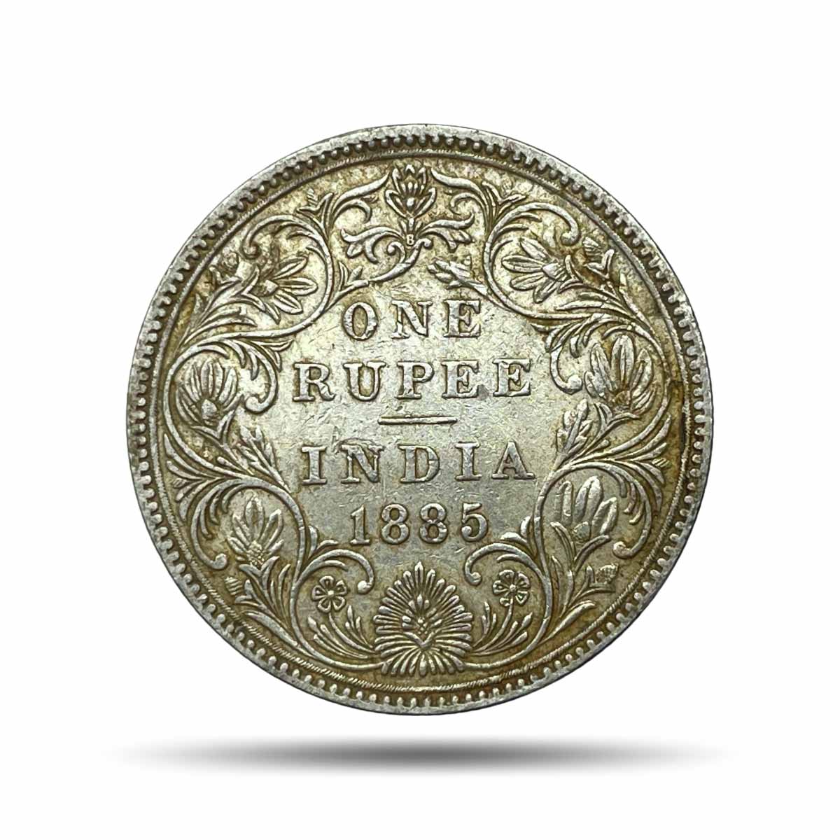One Rupee Victoria Empress 1885 CE (Obv A, Rev II) "B" Raised Bombay Mint Silver Coin, British India Uniform Coinage, Collectible.