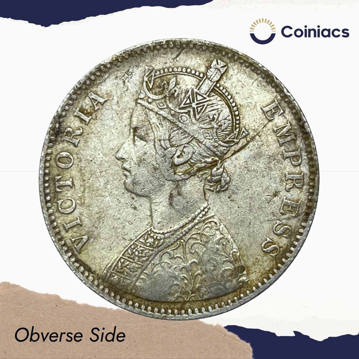 One Rupee Victoria Empress 1885 CE (Obv A, Rev II) "B" Raised Bombay Mint Silver Coin, British India Uniform Coinage, Collectible. - Image 2