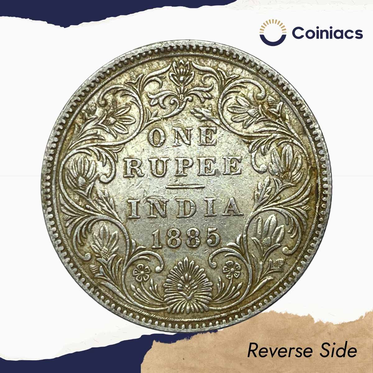 One Rupee Victoria Empress 1885 CE (Obv A, Rev II) "B" Raised Bombay Mint Silver Coin, British India Uniform Coinage, Collectible. - Image 3