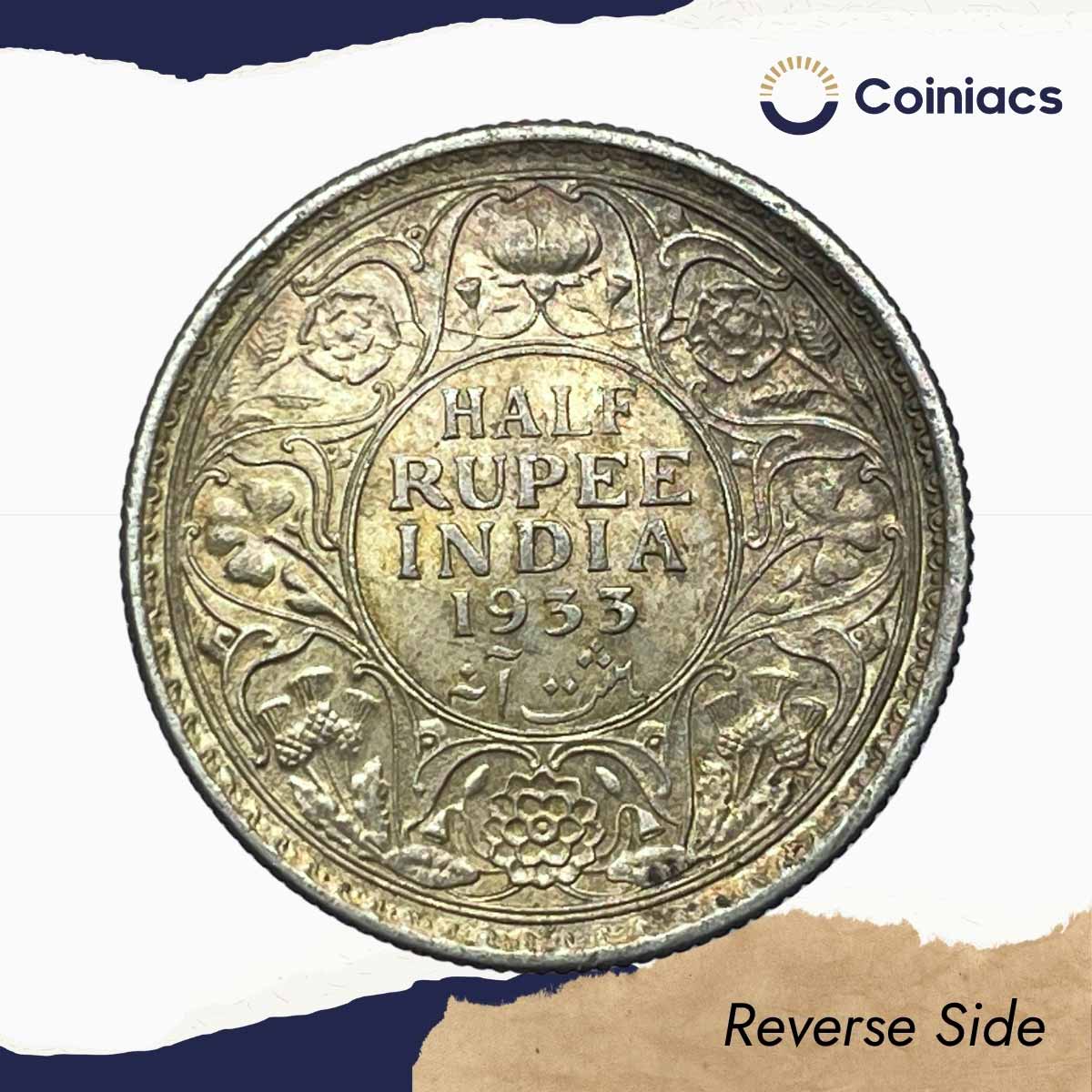 Scarce Half Rupee George V King Emperor 1933 Calcutta Mint 5.8 gms Silver Coin, British India Uniform Coinage, AU. - Image 3