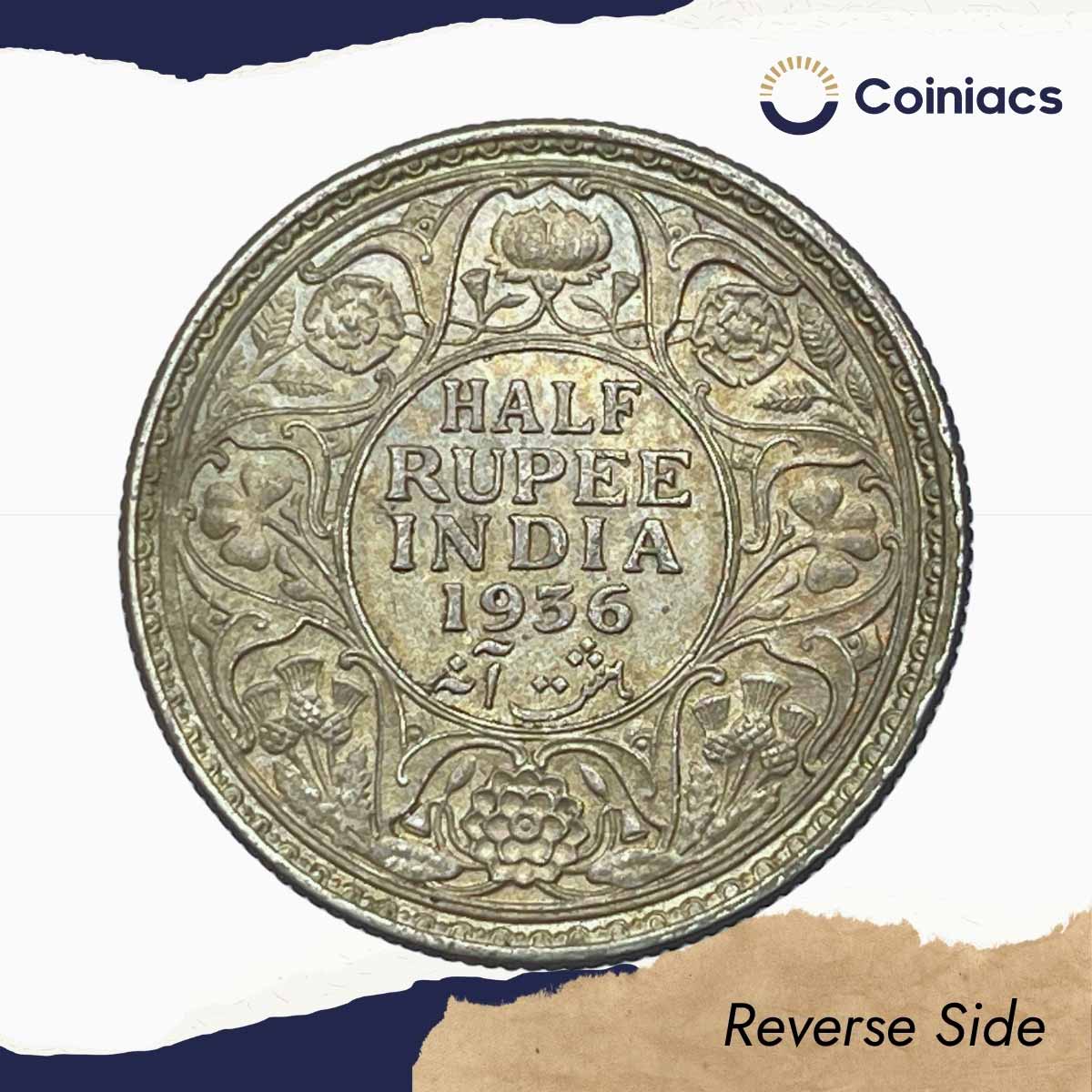 Scarce Half Rupee George V King Emperor 1936 Calcutta Mint 5.8 gms Silver Coin, British India Uniform Coinage, AU. - Image 3