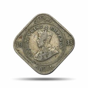 2 Annas George V King Emperor 1933 (Key Date) Calcutta Mint Cupro-Nickel Coin, British India Uniform Coinage, Collectible.