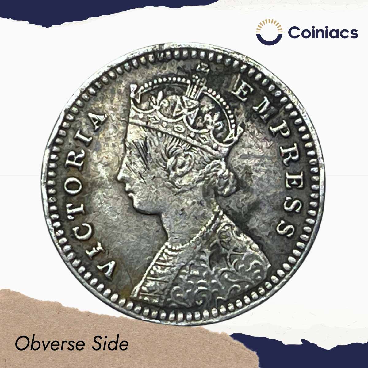 Two Annas Victoria Empress 1888 Silver Coin, British India Uniform Coinage, Collectable. - Image 2
