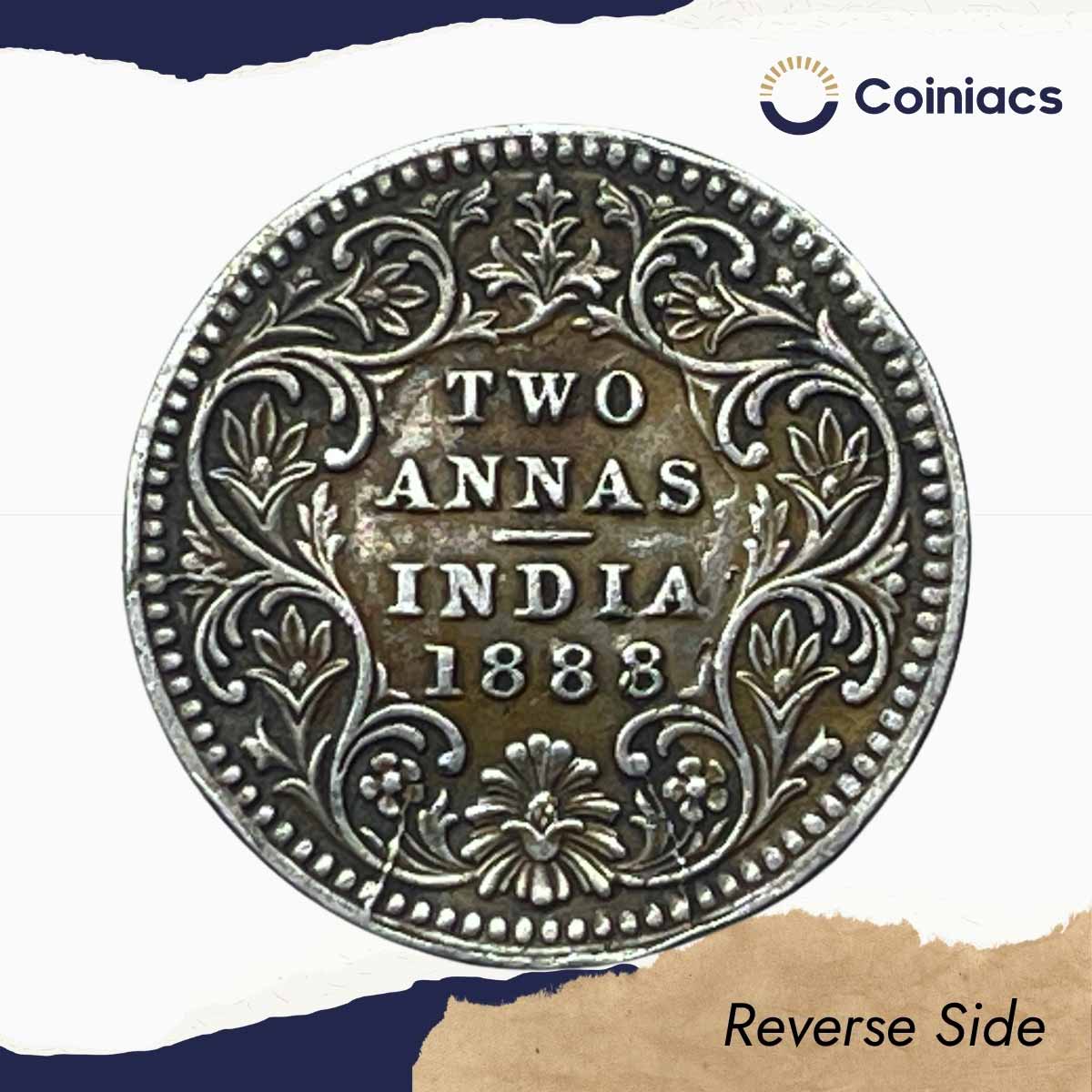 Two Annas Victoria Empress 1888 Silver Coin, British India Uniform Coinage, Collectable. - Image 3
