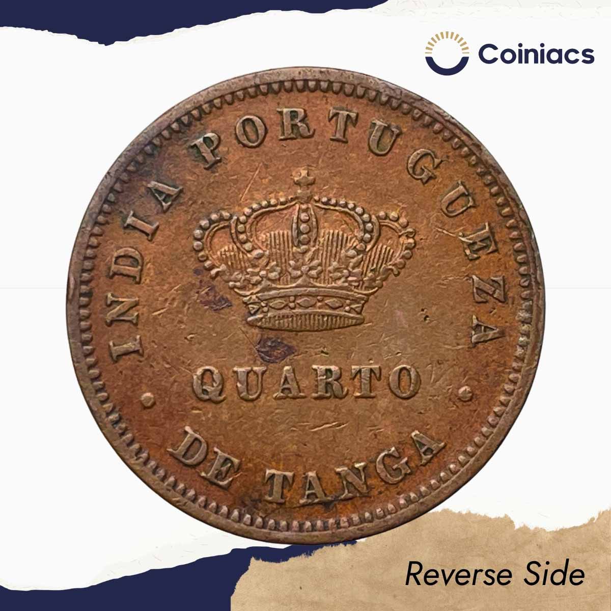 Quarto de Tanga Luiz I 1881 CE Copper Coin, Portuguese India, XF. - Image 3