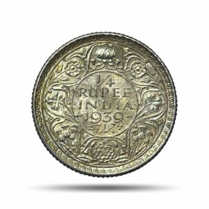Scarce 1/4 Rupee George VI King Emperor 1939 Calcutta Mint Silver Coin, British India Uniform Coinage, UNC.