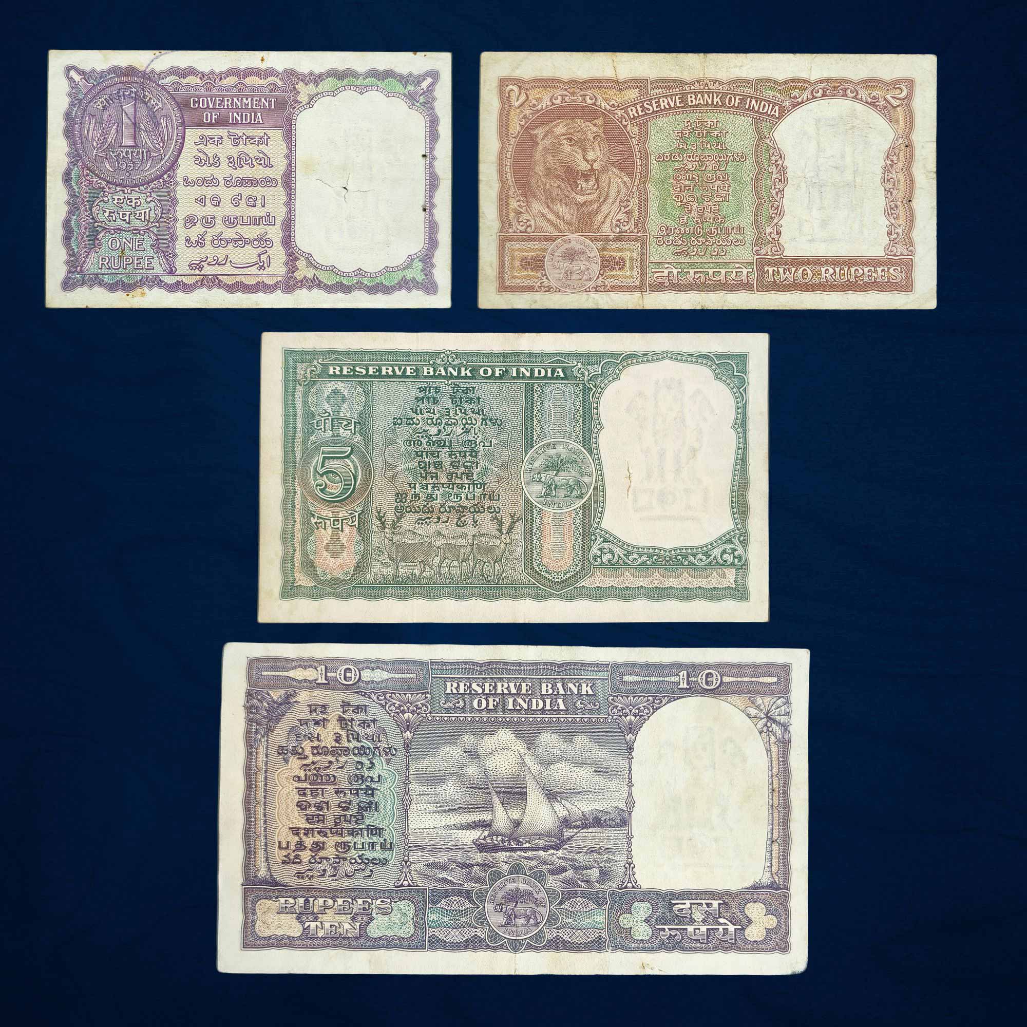 NOTAPHILY SET of 1, 2, 5 & 10 Rupees Big Size fafda Issue, Different Signature (4 Notes), Republic India Numismatics Note, Circulated Collectible.
