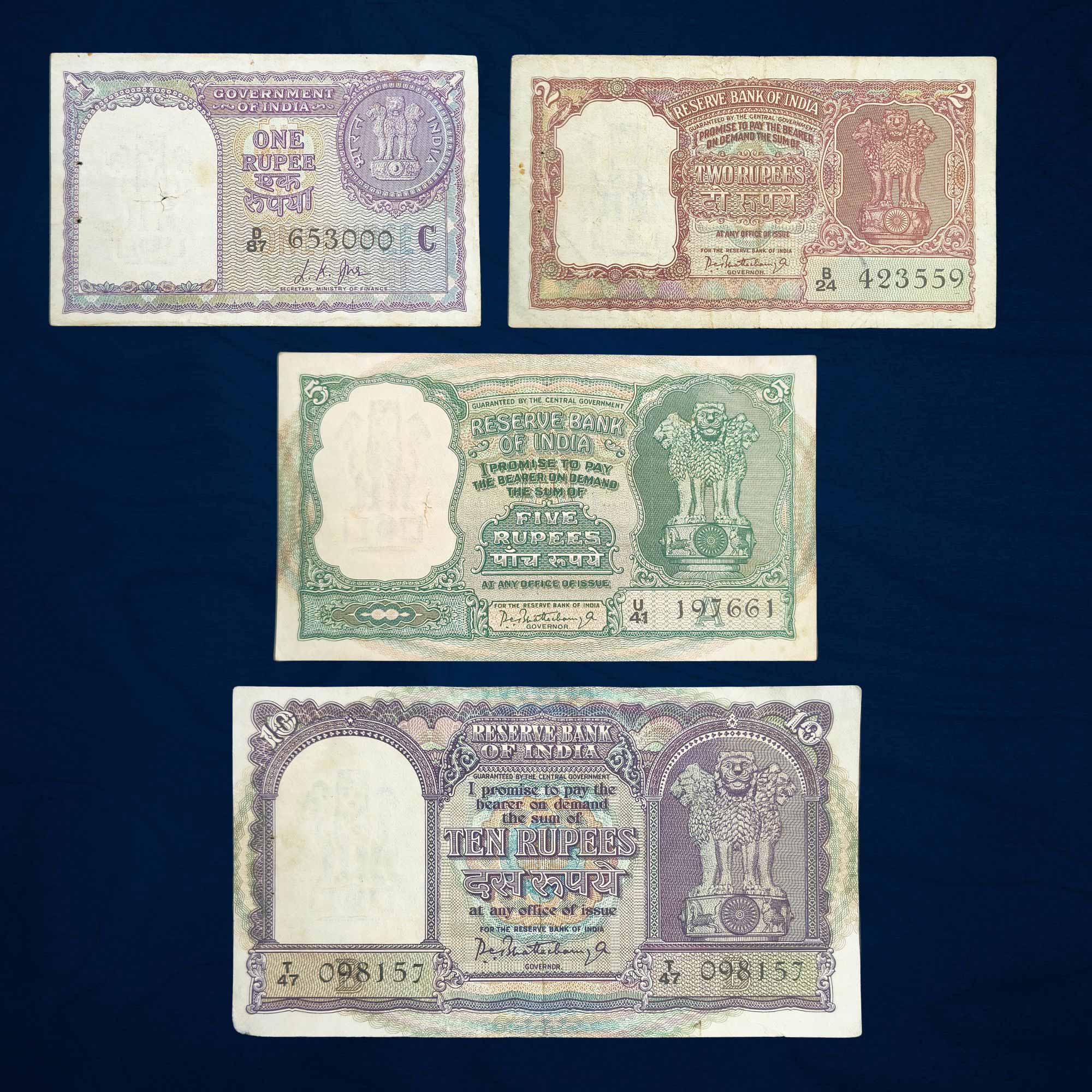 NOTAPHILY SET of 1, 2, 5 & 10 Rupees Big Size fafda Issue, Different Signature (4 Notes), Republic India Numismatics Note, Circulated Collectible. - Image 2