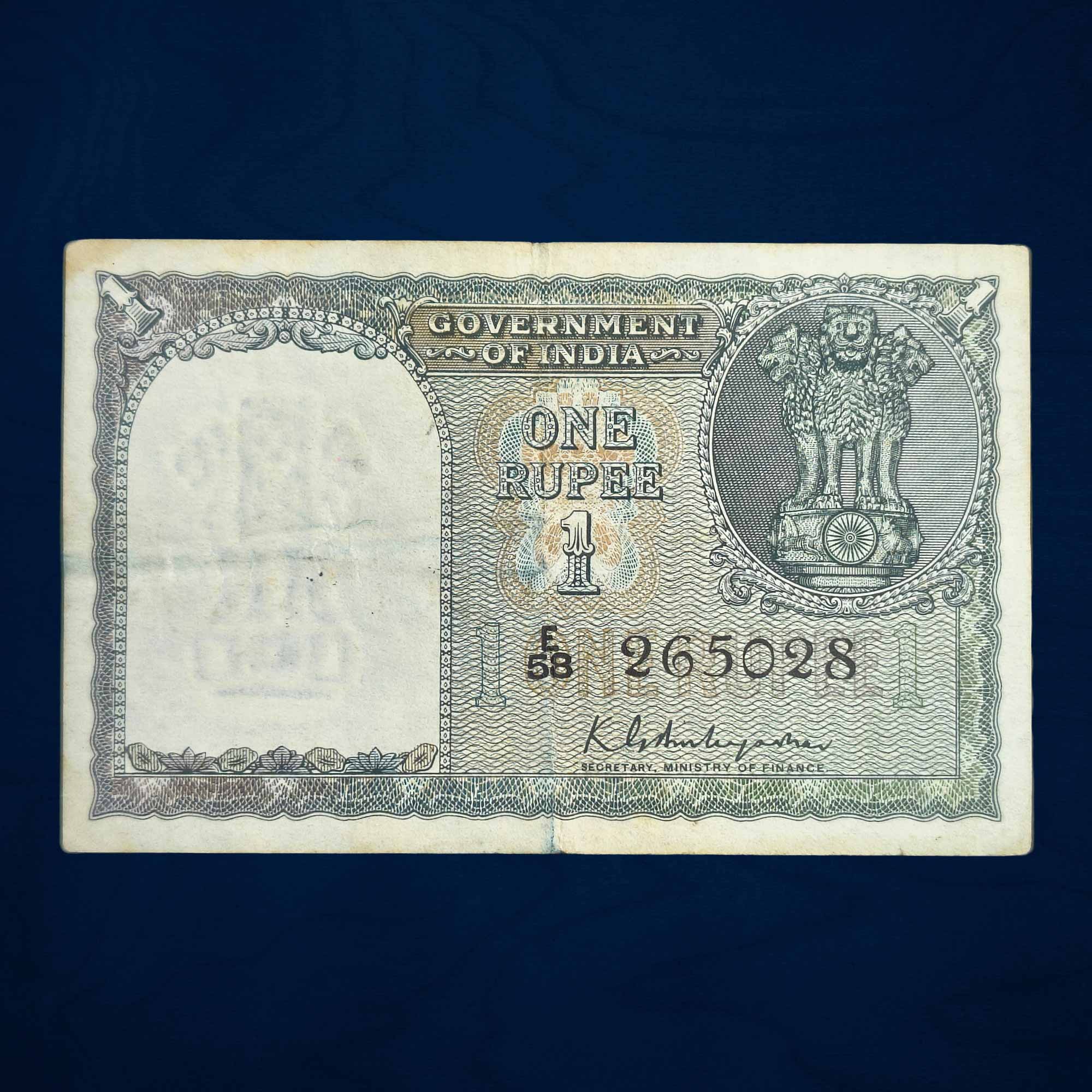 NOTAPHILY Scarce 1 Rupee 2nd Issue (1950-55) Governor K. G. Ambegaokar Plain Inset, Prefix, Republic India Bank Note, (A2) Circulated Collectible. - Image 2