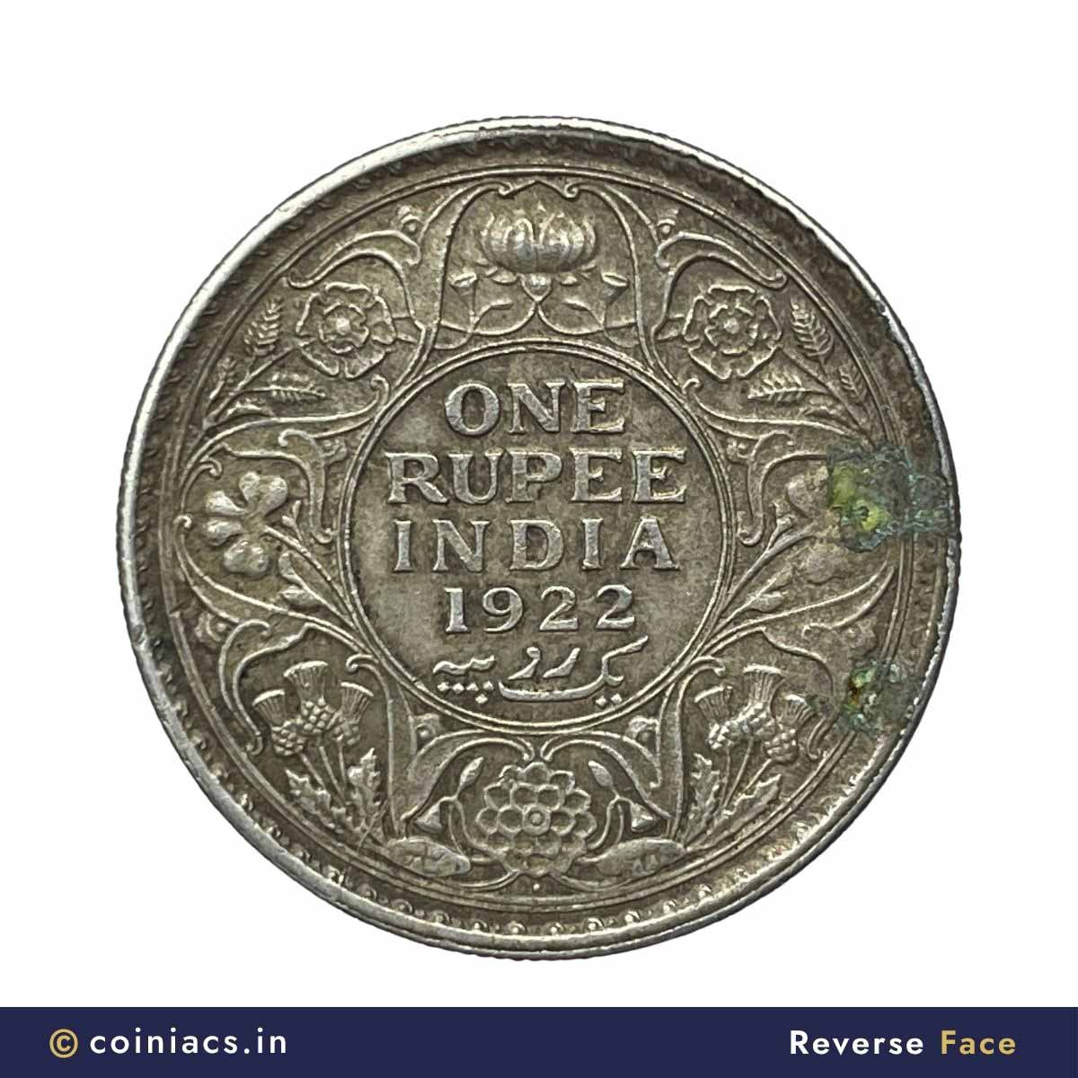 Rare One Rupee George V 1922 CE (Key Date) Bombay Mint Silver coin, British India Uniform Coinage, Collectible. - Image 3