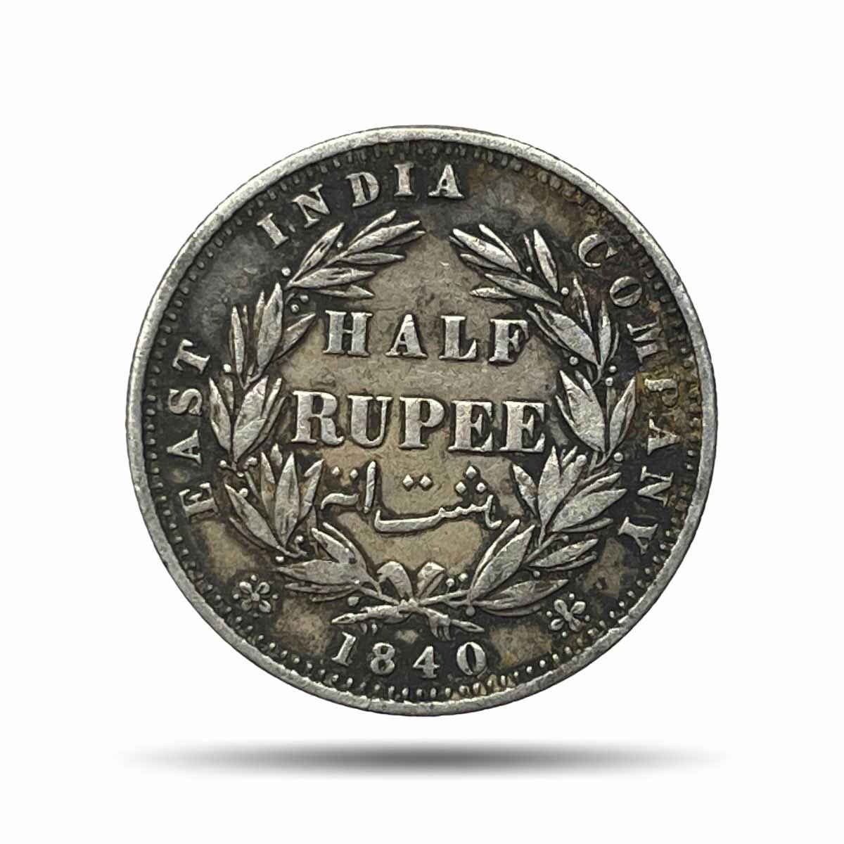 Scarce Half Rupee Victoria Queen Divided Legend 1840 CE .W.W Incused 24 Berries (12+12) Calcutta Mint Silver Coin, British India Uniform Coinage, Collectible.