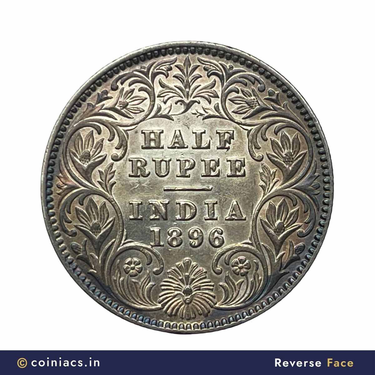 Rare Half Rupee Victoria Empress 1896 Calcutta Mint ‘C’ incuse (Obv-A, Rev-I) Silver Coin, British India Uniform Coinage, Collectible. - Image 3